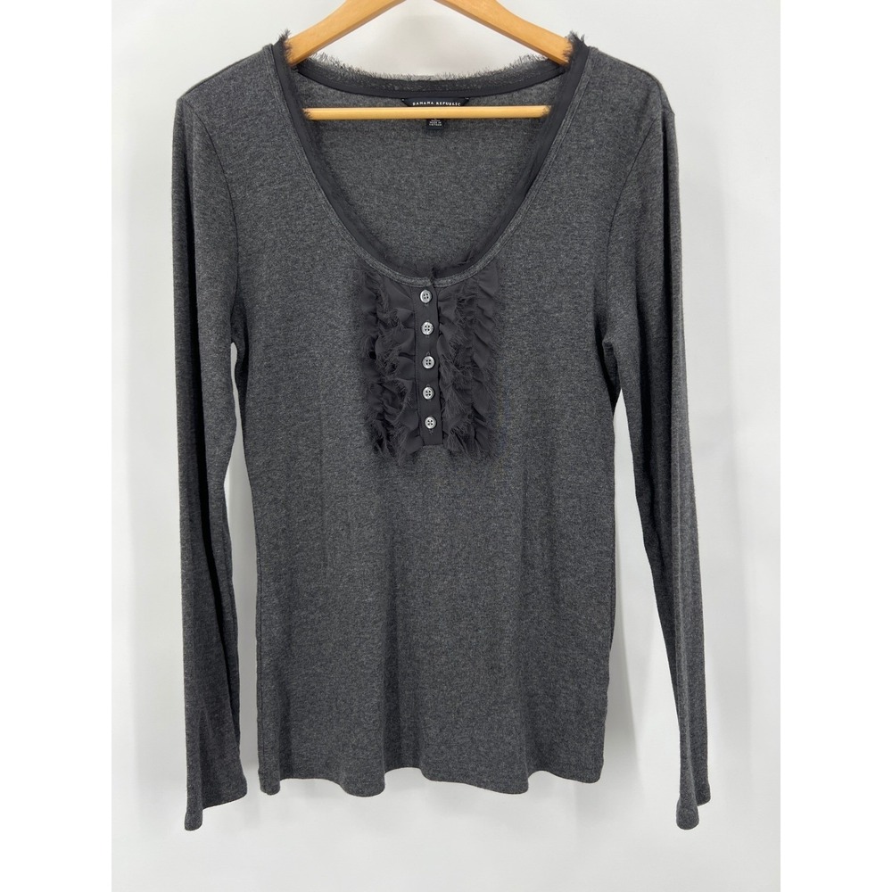 Banana Republic Womens Gray Ruffle Button Scoop Neck Long Sleeve Top Size L